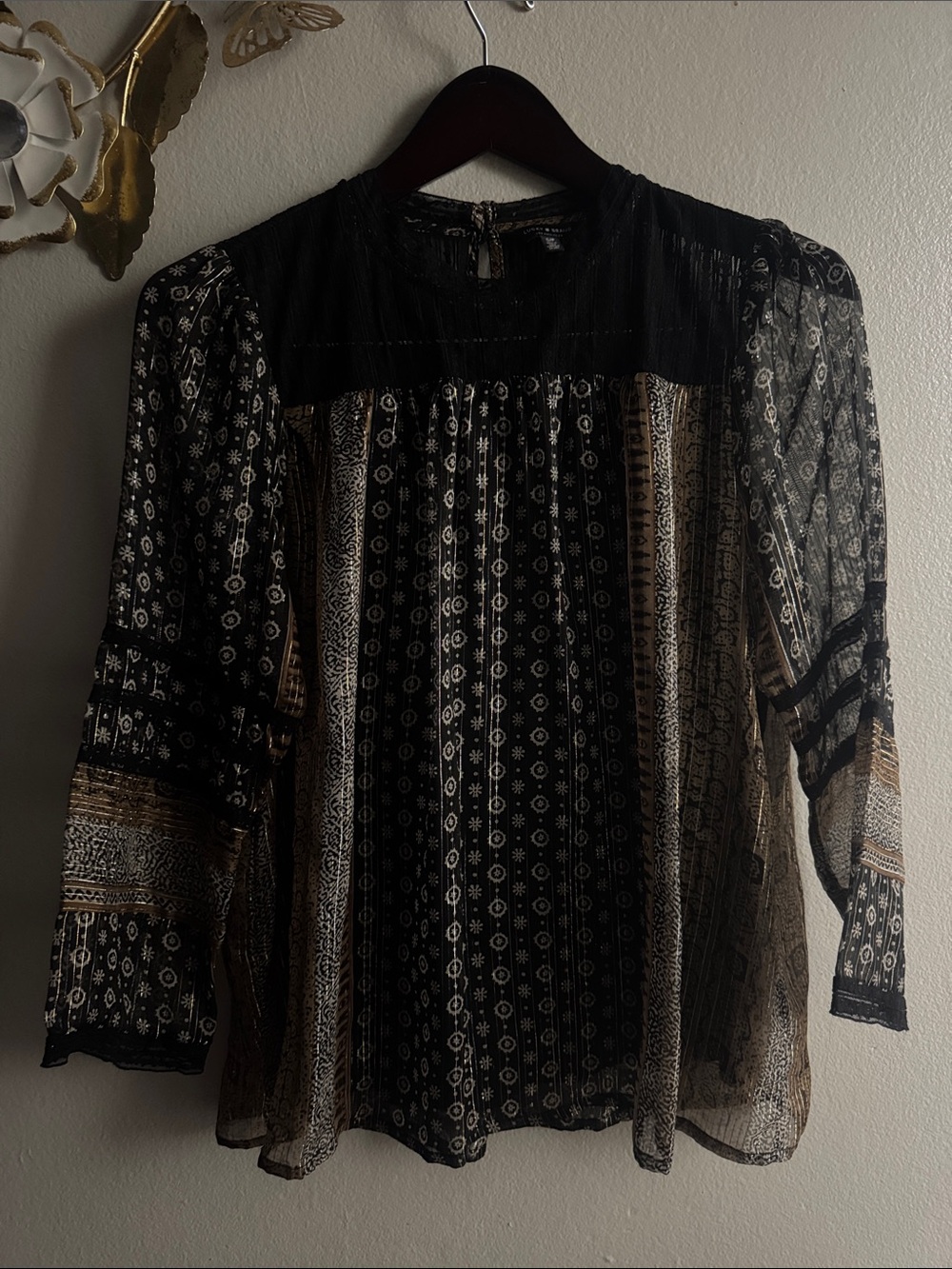 Lucky Brand Black and Tan Printed Sheer Blouse